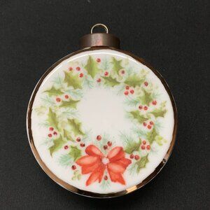 Vintage Hand Painted Artist Signed Christmas Wreath/Bird Milk Glass Ornament